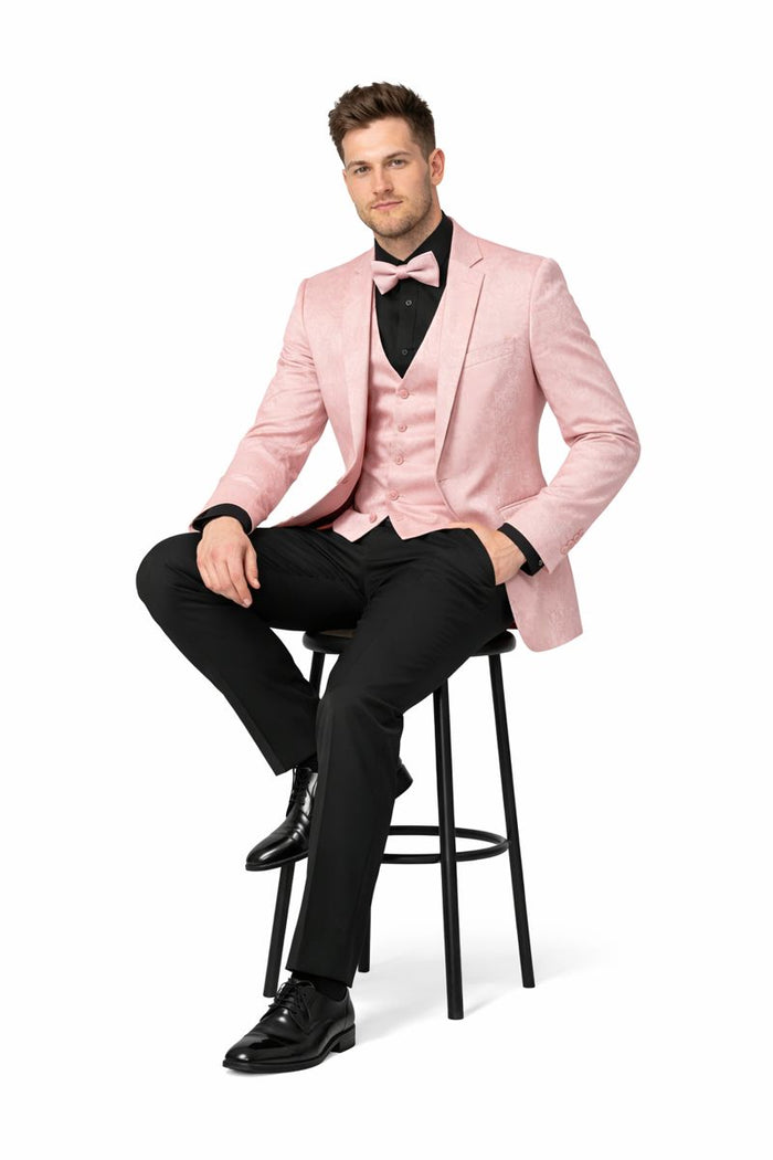 Pink Paisley Suit - Blush Color Slim Fitted Prom 2026 Suit With Bowtie Vest and Black Pants