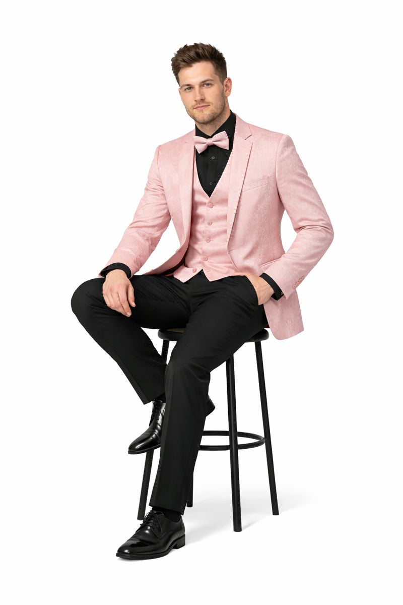 Pink Paisley Suit - Blush Color Slim Fitted Prom 2026 Suit With Bowtie Vest and Black Pants