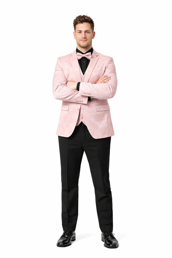 Pink Paisley Suit - Blush Color Slim Fitted Prom 2026 Suit With Bowtie Vest and Black Pants