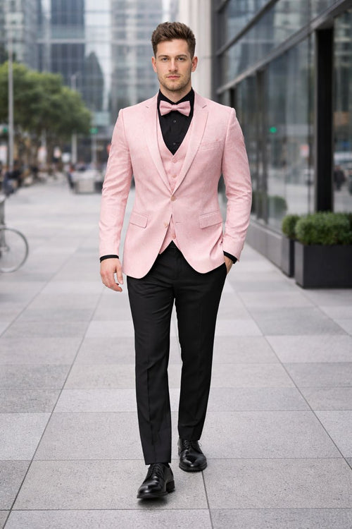 Pink Paisley Suit - Blush Color Slim Fitted Prom 2026 Suit With Bowtie Vest and Black Pants