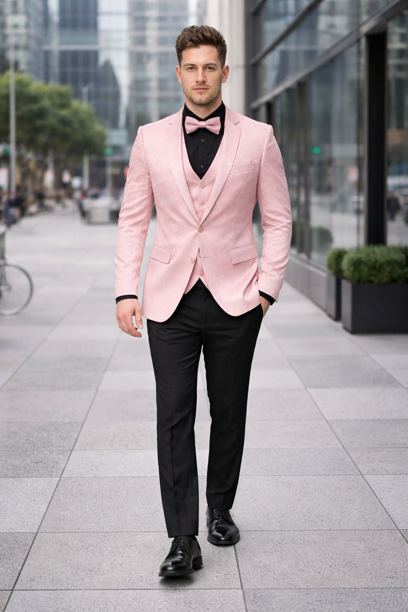 Pink Paisley Suit - Blush Color Slim Fitted Prom 2026 Suit With Bowtie Vest and Black Pants