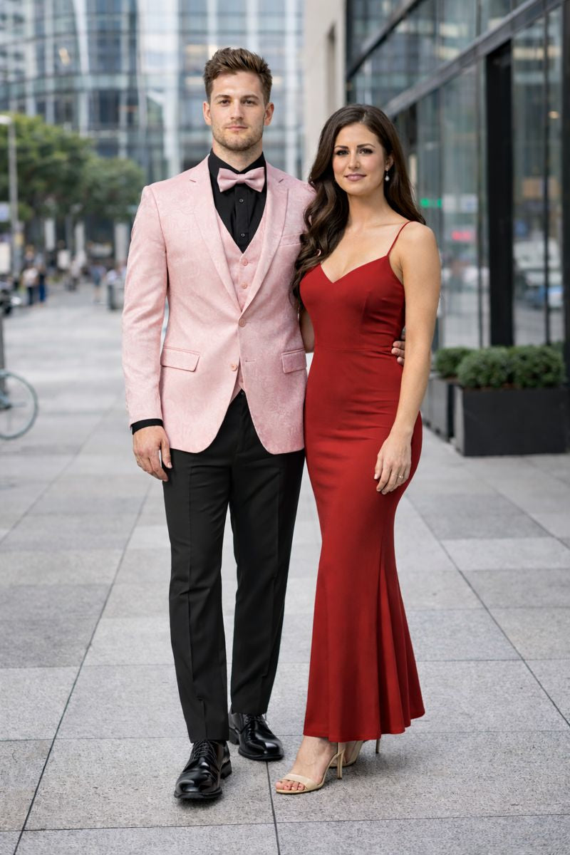 Pink Paisley Suit - Blush Color Slim Fitted Prom 2026 Suit With Bowtie Vest and Black Pants
