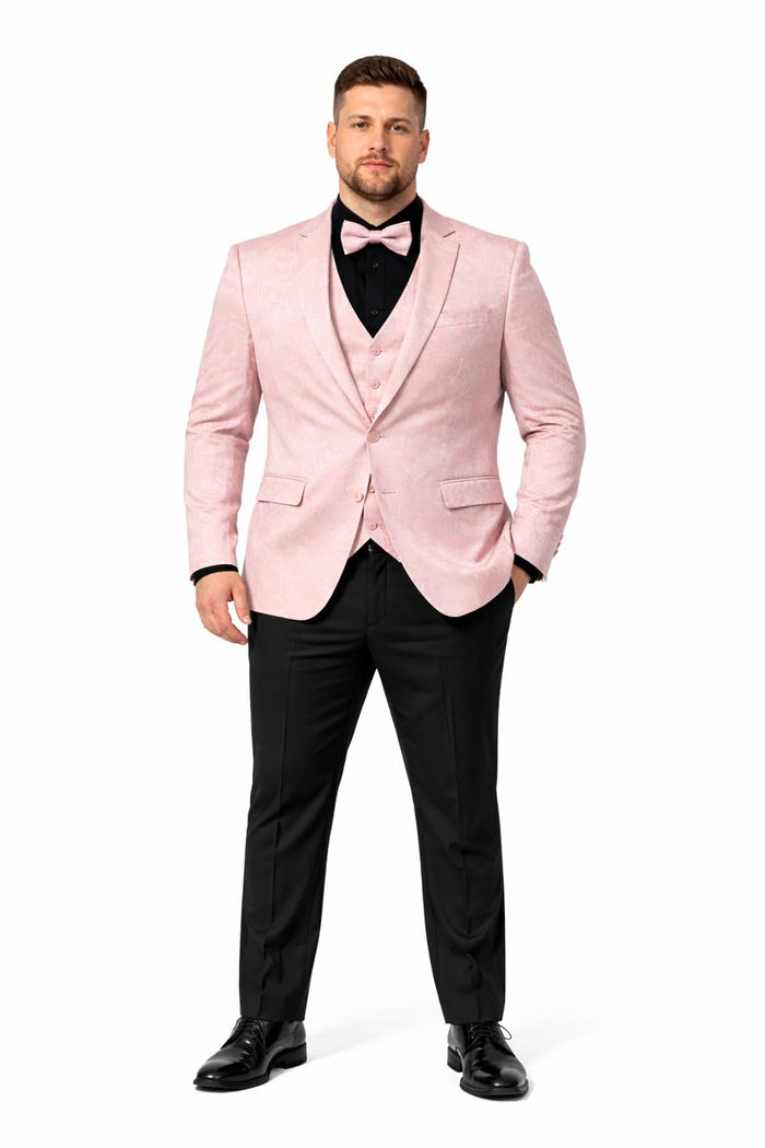 Pink Paisley Suit - Blush Color Slim Fitted Prom 2026 Suit With Bowtie Vest and Black Pants