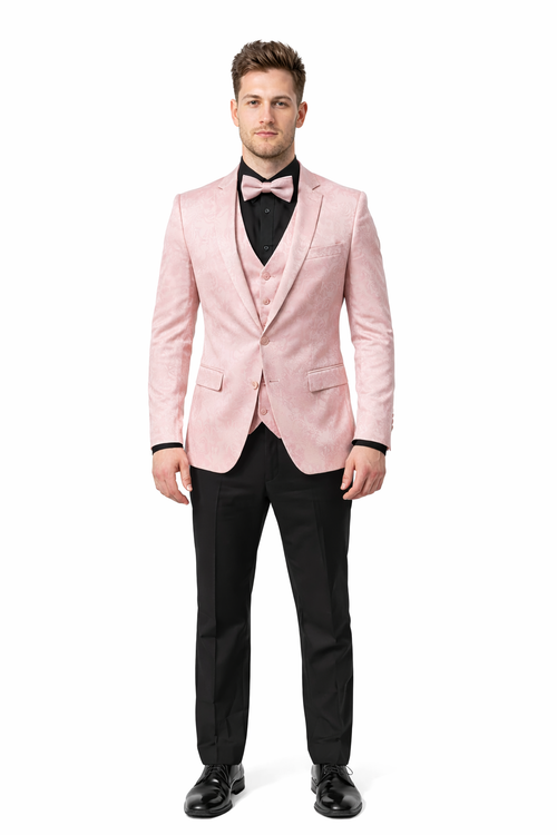 Pink Paisley Suit - Blush Color Slim Fitted Prom 2026 Suit With Bowtie Vest and Black Pants
