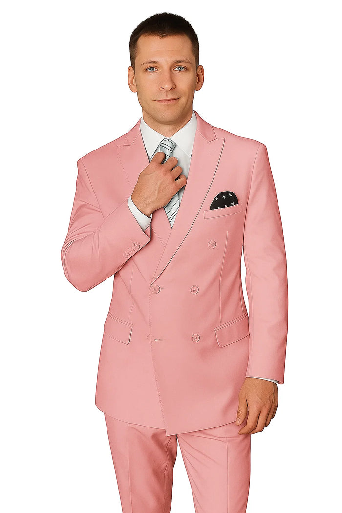 Elegant Mens Double-Breasted Wool Suit in Soft Blush Pink