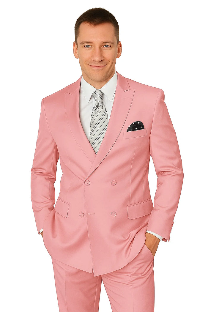 Elegant Mens Double-Breasted Wool Suit in Soft Blush Pink