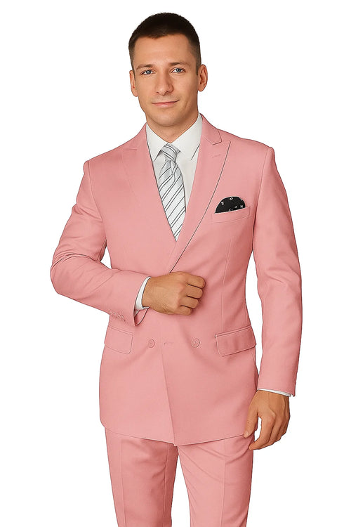 Elegant Mens Double-Breasted Wool Suit in Soft Blush Pink
