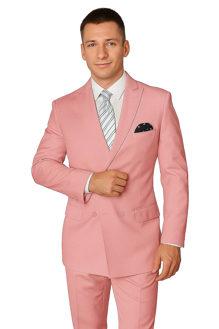 Elegant Mens Double-Breasted Wool Suit in Soft Blush Pink