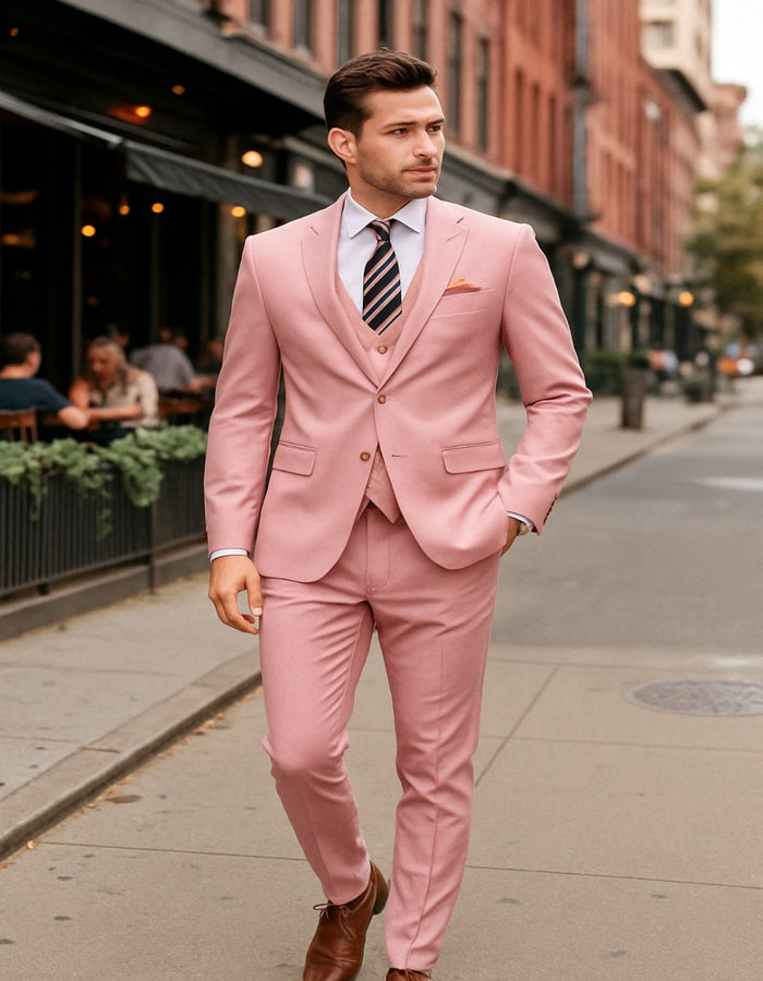 Mens Pink 3-Piece Slim Fit Suit, Formal Wedding and Prom Outfit with Vest