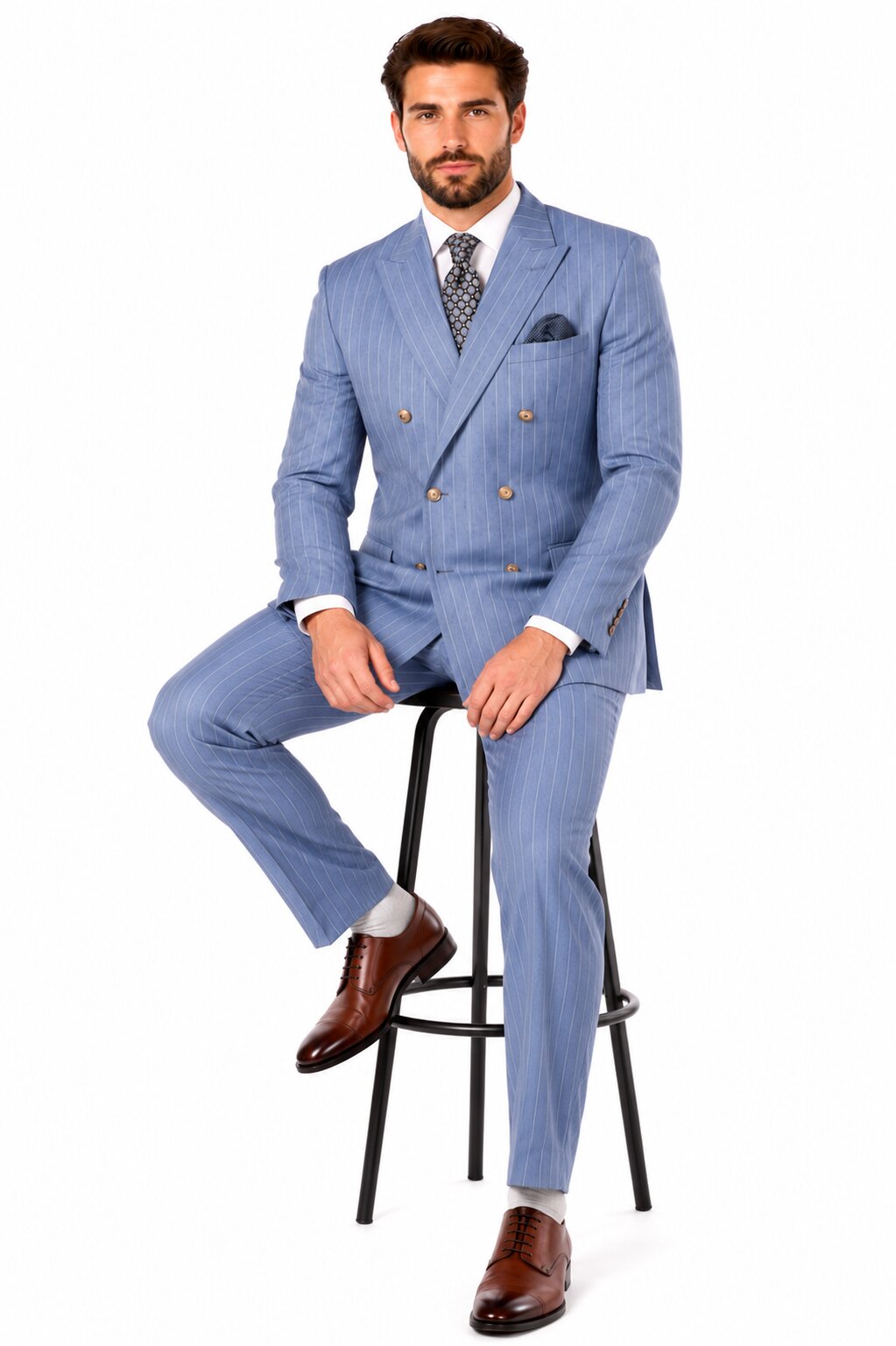 Sky Blue Stripe - Double Breasted Pinstripe Suit-New Designer Collection - 38 Short Jacket+32 Waist Adjustable 28to34)(Height: 5 4 to5 7 )(Neck  15-16.5)S-M)