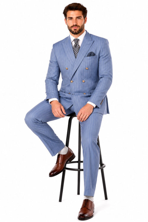 Sky Blue Stripe - Double Breasted Pinstripe Suit-New Designer Collection