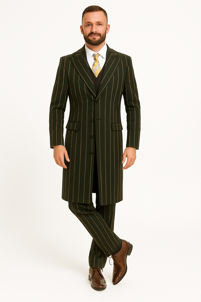 Pinstripe Zoot Suit For Men - Gangster  Wedding Suit in Black and Gold Pinstripe