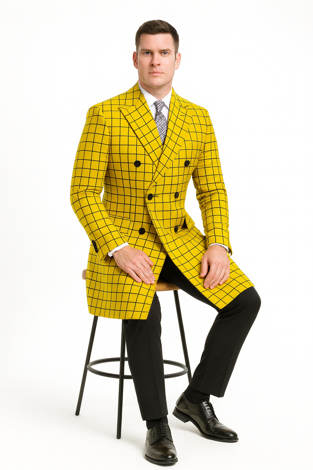Mens Plaid Overcoat - Wool Peacoat - Plaid Topcoats Yellow - Coat Size 38