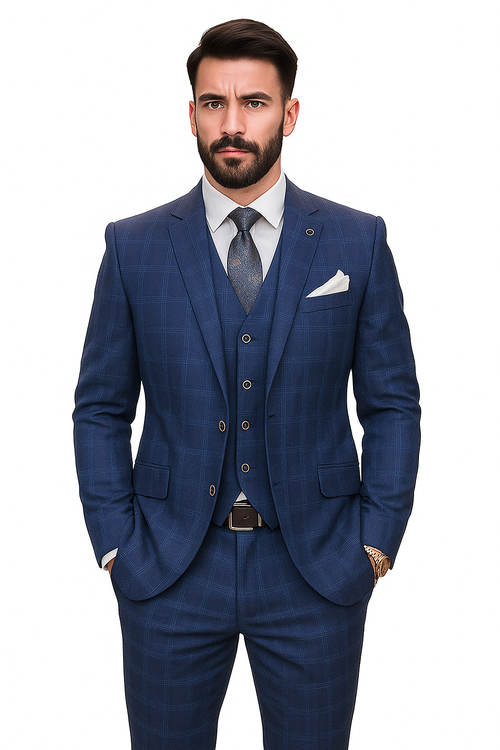 Windowpane Texture Business Pattern Modern Fit Side Vented Men's 3-Piece Wool Suit - Modern Fit Plaid