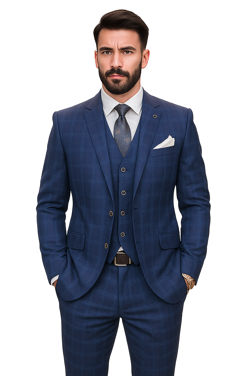 Windowpane Texture Business Pattern Modern Fit Side Vented Men's 3-Piece Wool Suit - Modern Fit Plaid - 34 Short or Extra Small