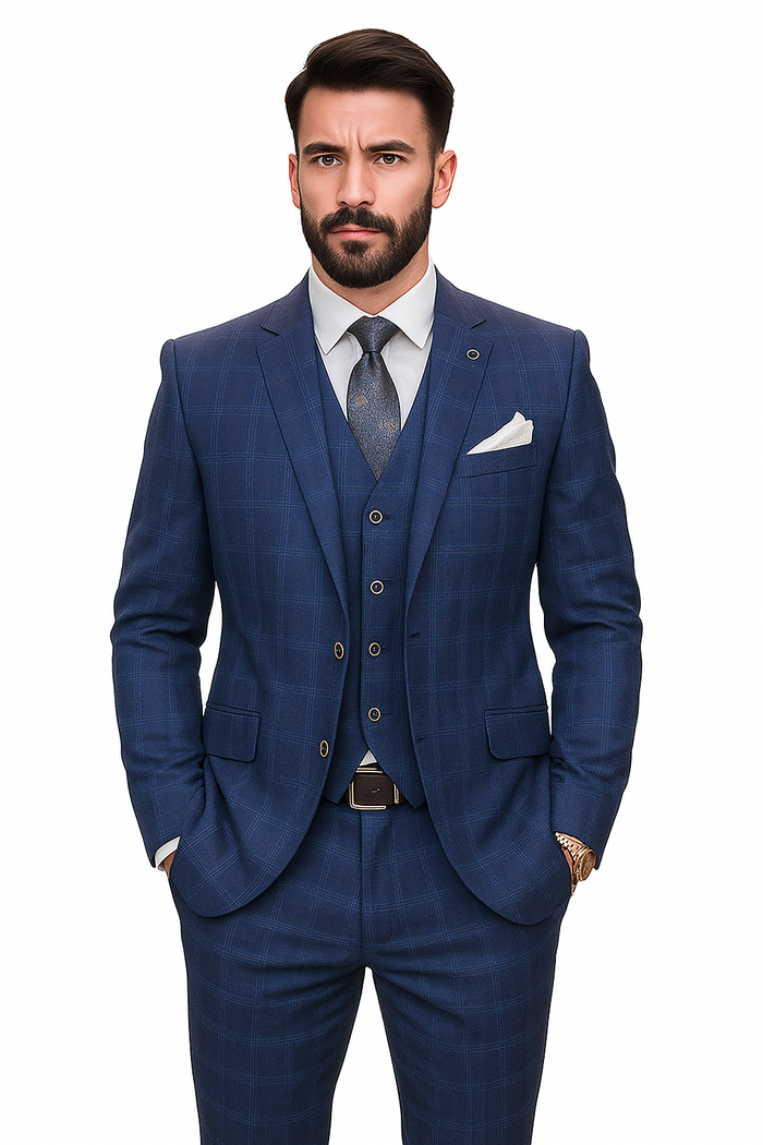 Windowpane Texture Business Pattern Modern Fit Side Vented Men's 3-Piece Wool Suit - Modern Fit Plaid