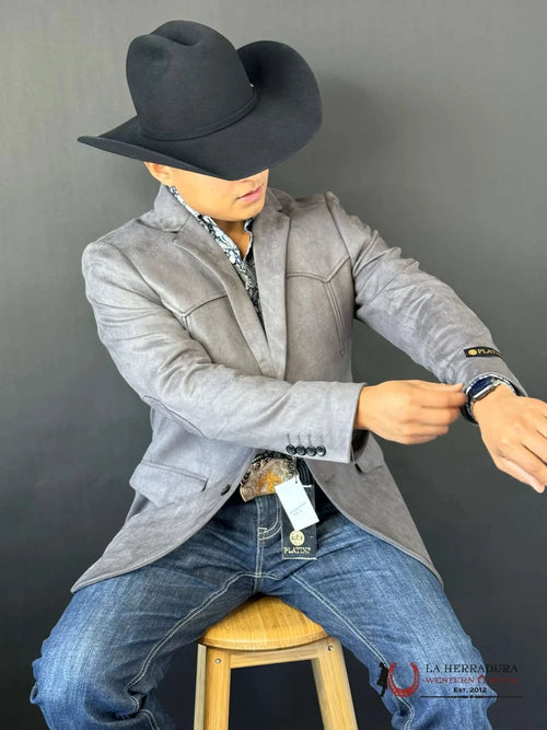 Mens Ash Gray Gamuza Suede Western Rancher Blazer with Pointed Yoke – BLZ9445