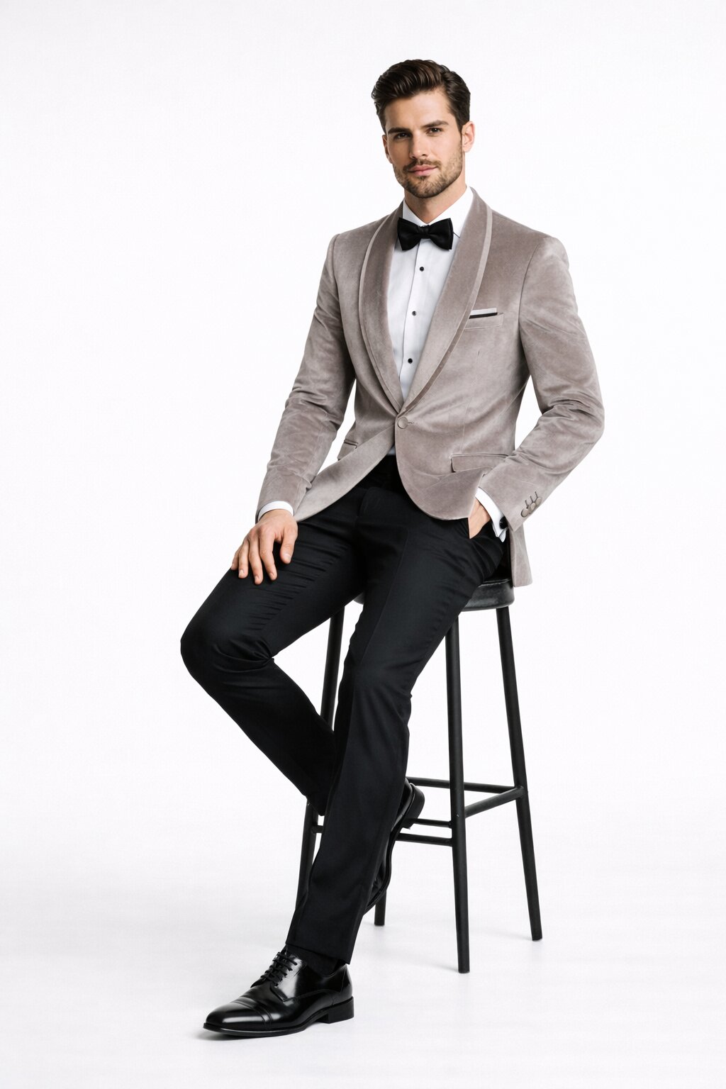 Men's Platinum Velvet Dinner Jacket with Satin Shawl Lapel | Formal Wedding Prom Blazer - 36 Short