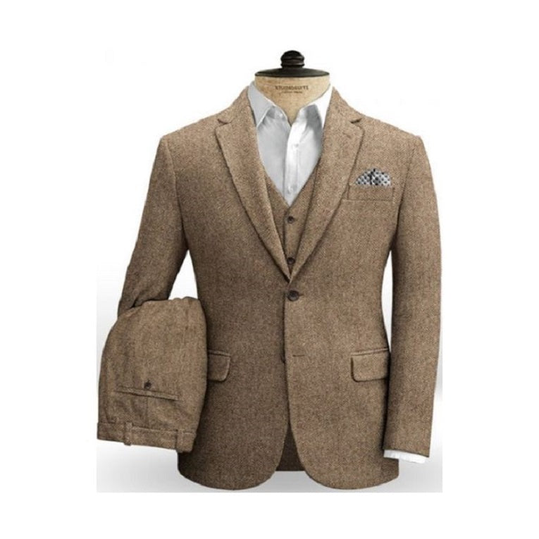 Brown Irish Brown Herringbone Slim Fitted Tweed Fabric Two Welted Back Pockets on Trousers