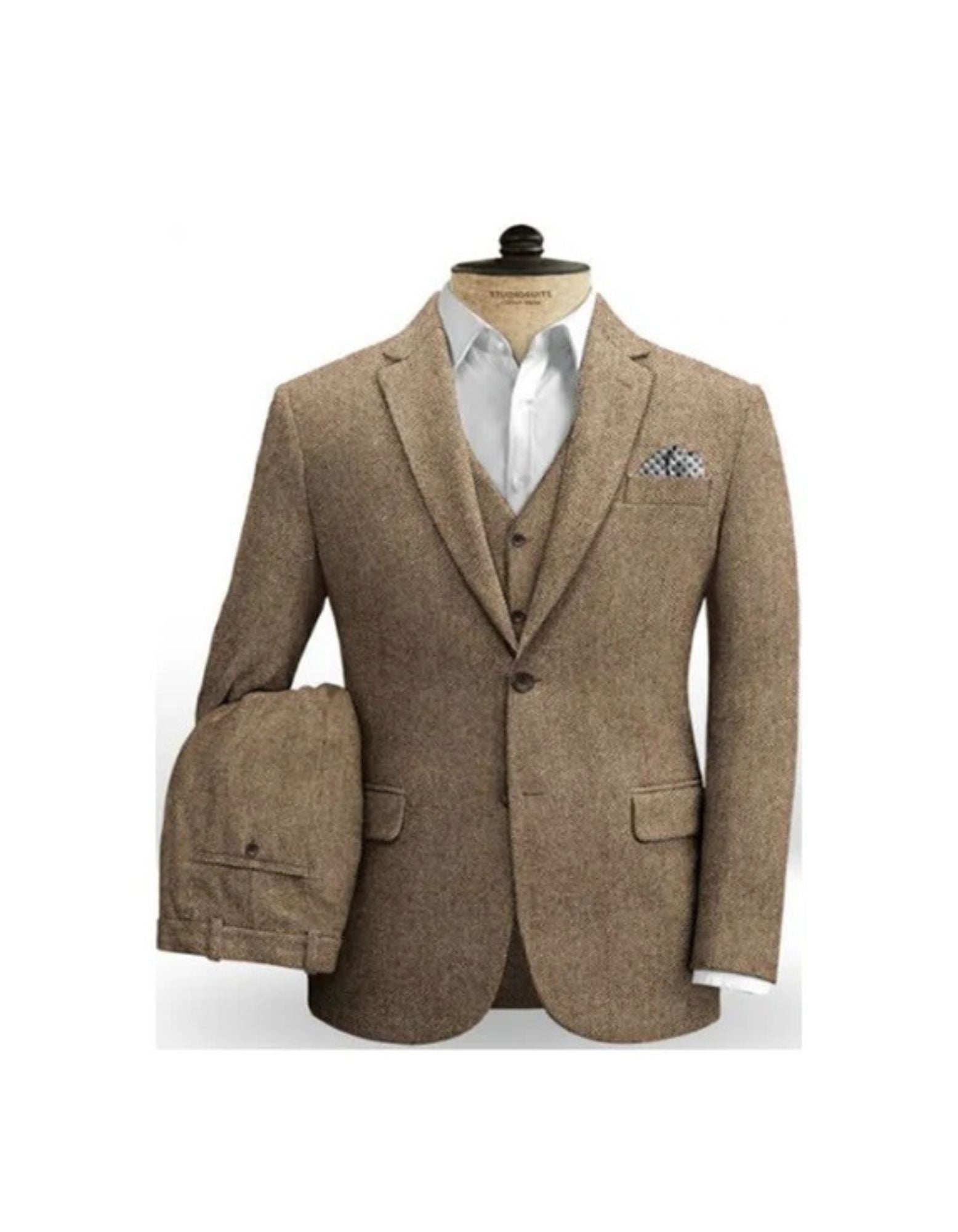 Mens Brown Herringbone Slim Fitted Tweed Fabric Two Welted Back Pockets on Trousers