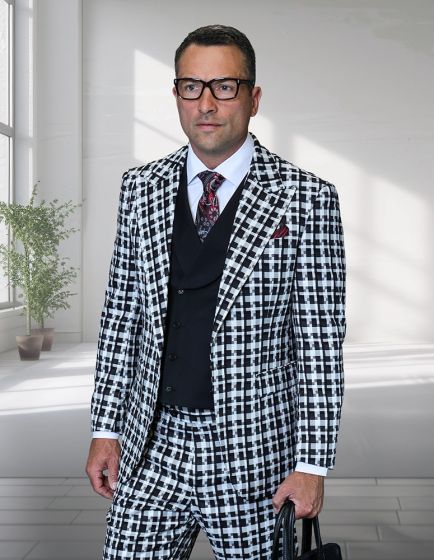 Statement Men's 3 Piece 100% Wool Fashion Suit - Unique Checker Pattern - 42R