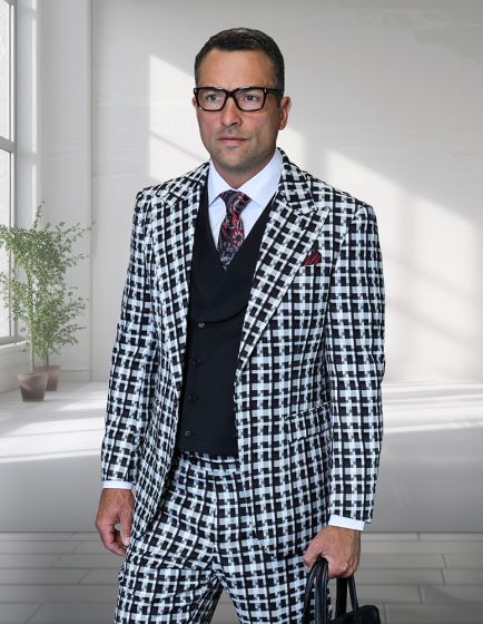 Statement Mens 3-Piece 100% Wool Fashion Suit Unique Checker Pattern