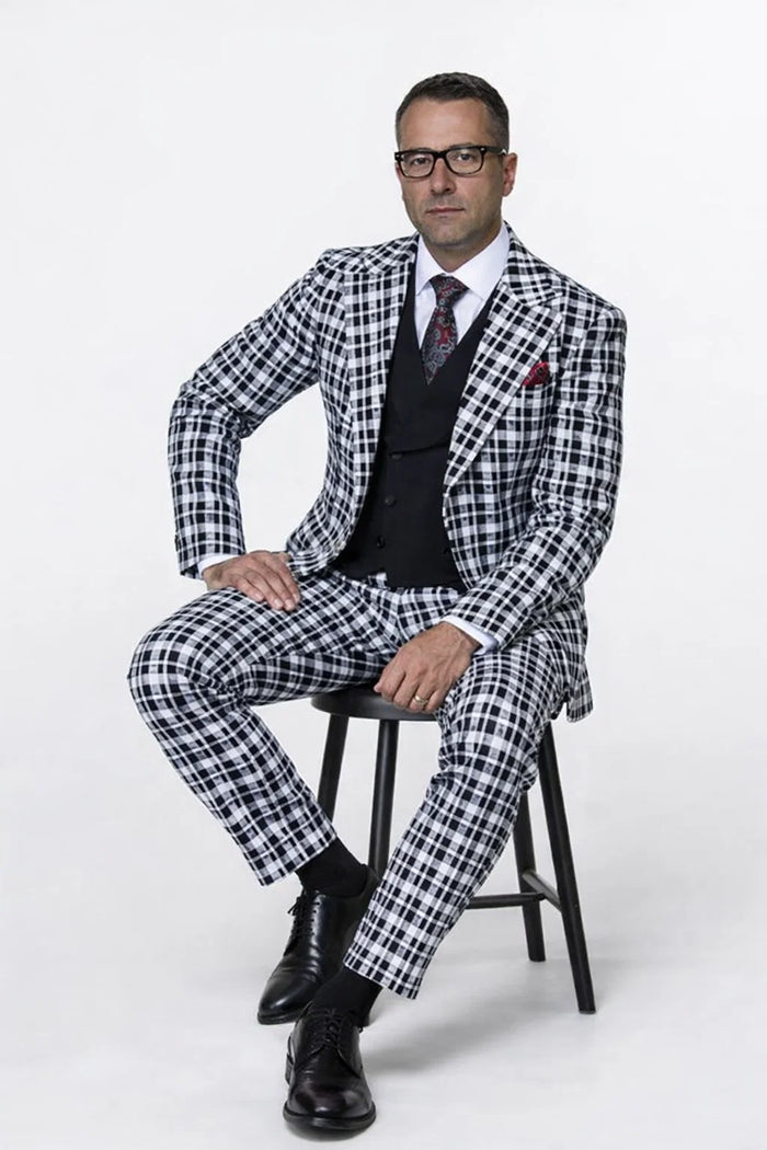 Statement Mens 3-Piece 100% Wool Fashion Suit Unique Checker Pattern