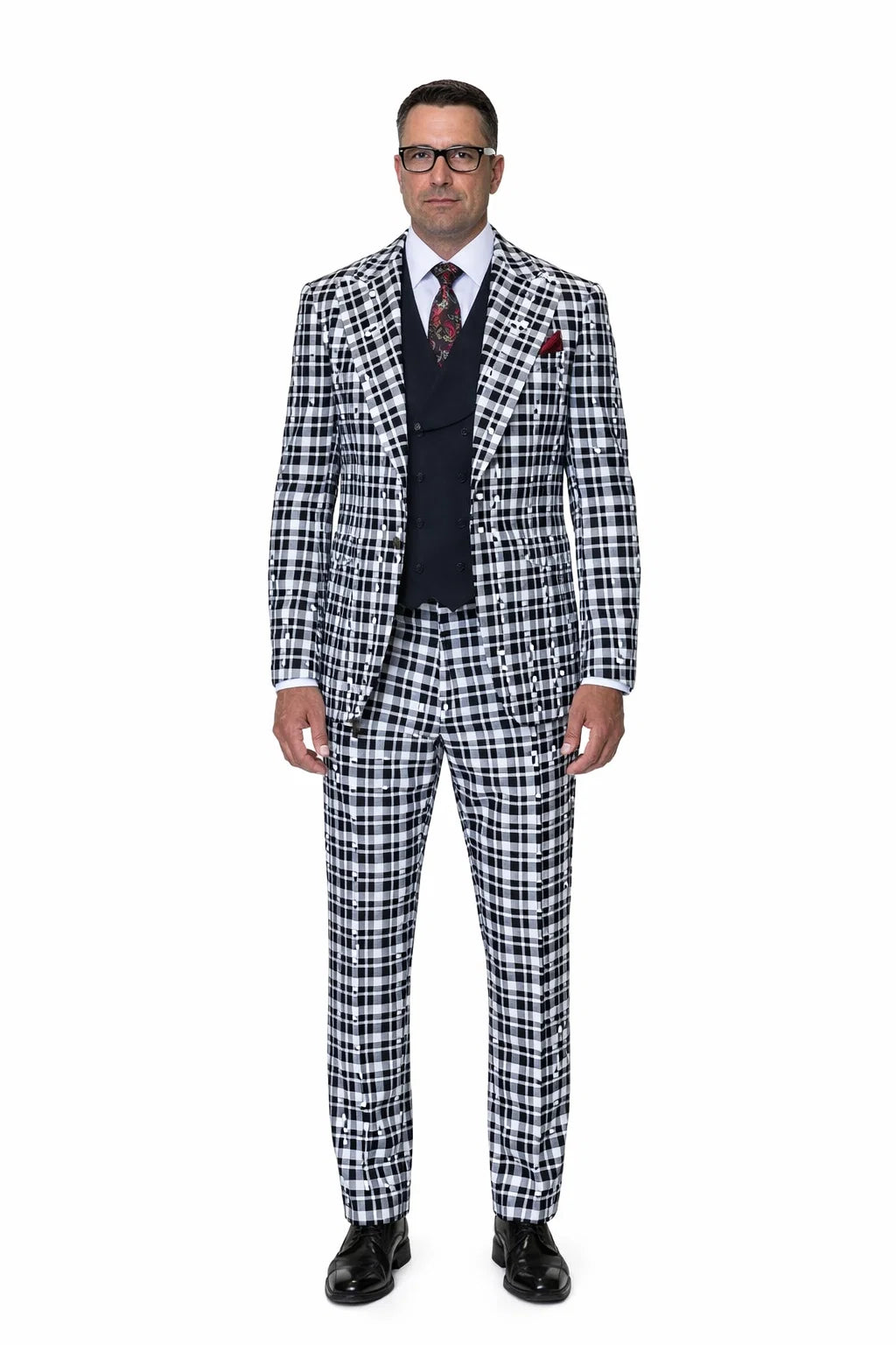 Statement Men’s 3-Piece 100% Wool Fashion Suit – Unique Checker Pattern - 38 Short Jacket+32 Waist Adjustable 28to34)(Height: 5 4 to5 7 )(Neck  15-16.5)S-M)