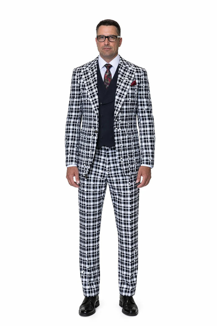 Statement Mens 3-Piece 100% Wool Fashion Suit Unique Checker Pattern