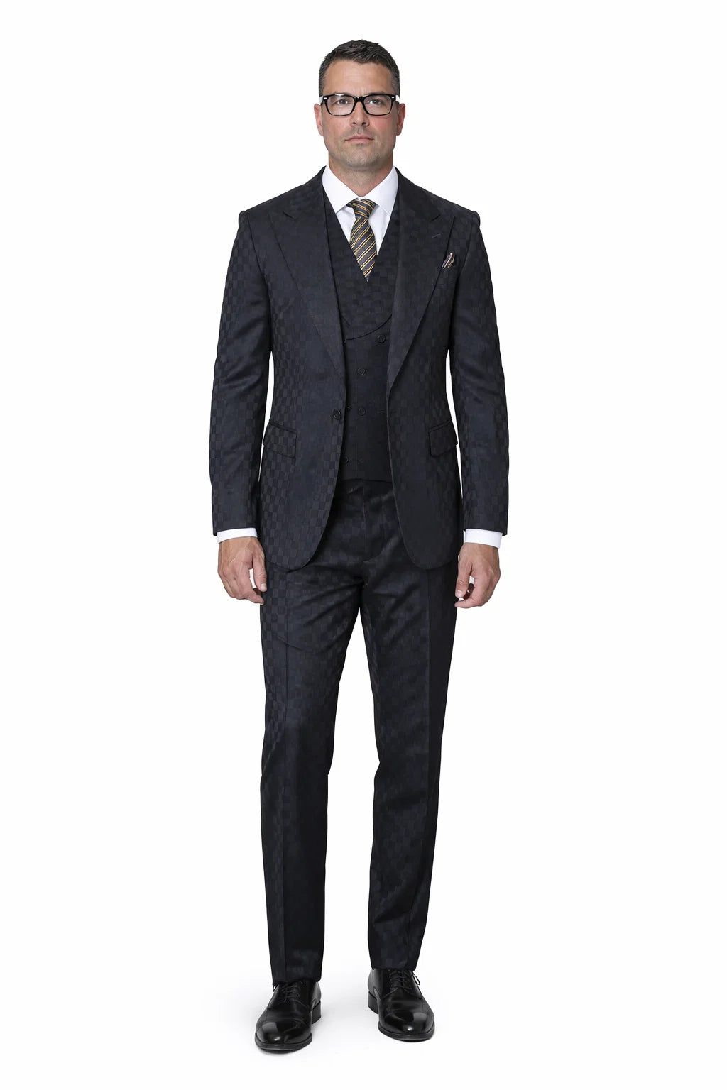 Statement Men’s 3-Piece 100% Wool Fashion Suit – Unique Checker Pattern - 38 Short Jacket+32 Waist Adjustable 28to34)(Height: 5 4 to5 7 )(Neck  15-16.5)S-M)