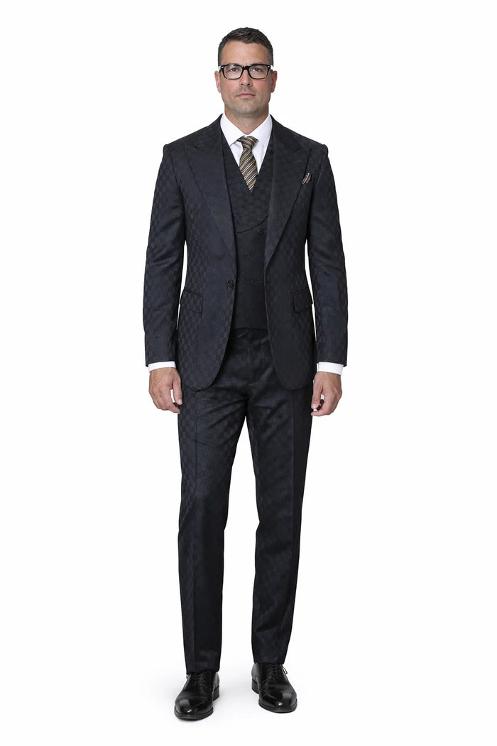 Statement Mens 3-Piece 100% Wool Fashion Suit Unique Checker Pattern