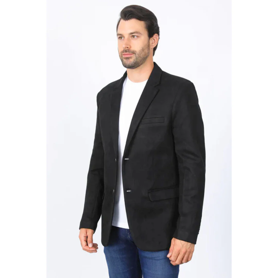Mens Double Button Faux Suede Black Blazer - 36 Short