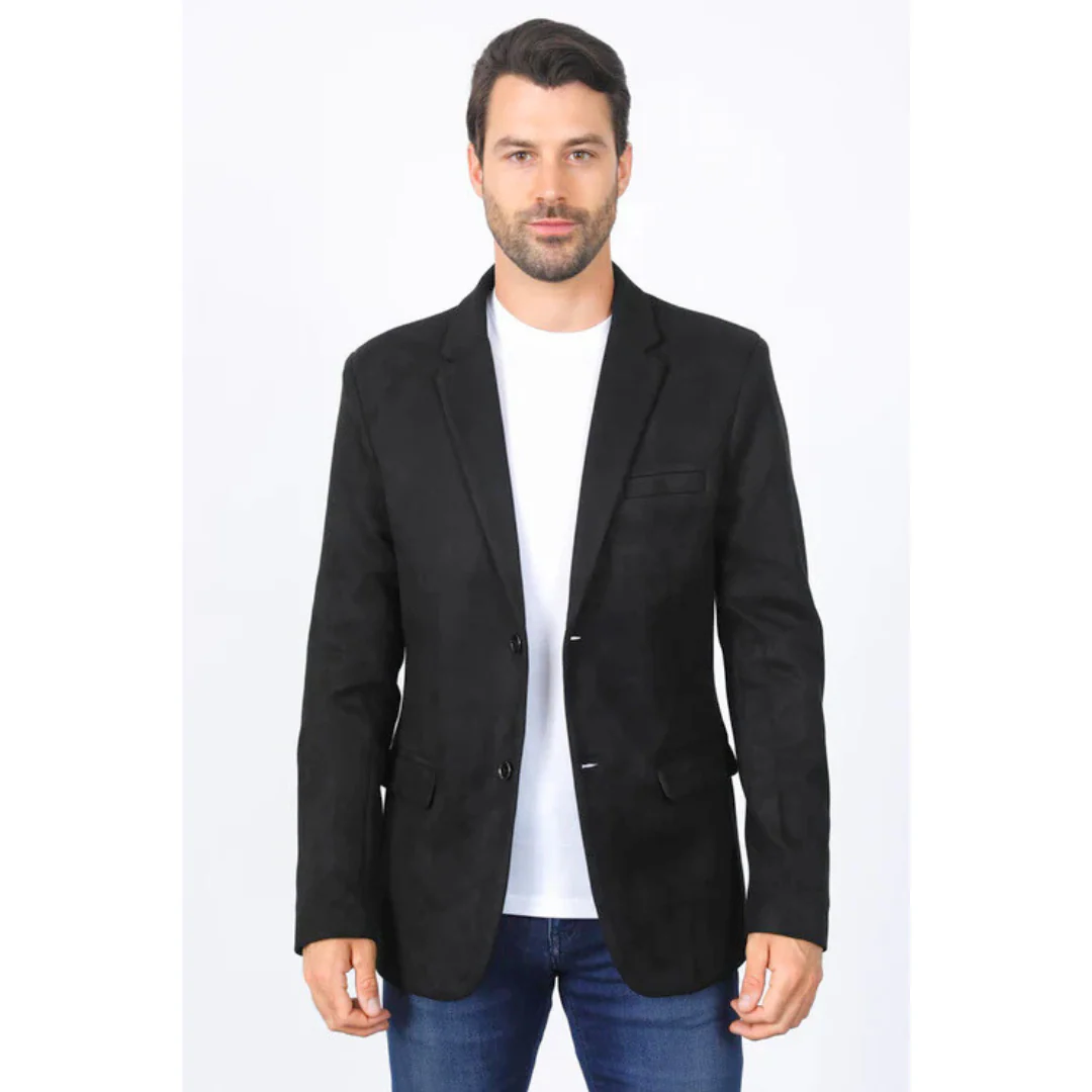 Mens Double Button Faux Suede Black Blazer - 36 Short