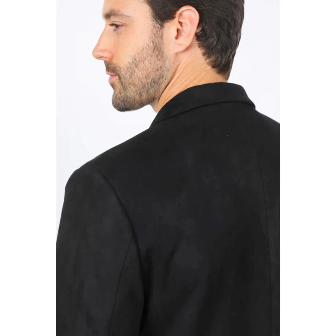 Mens Double Button Faux Suede Black Blazer - 36 Short