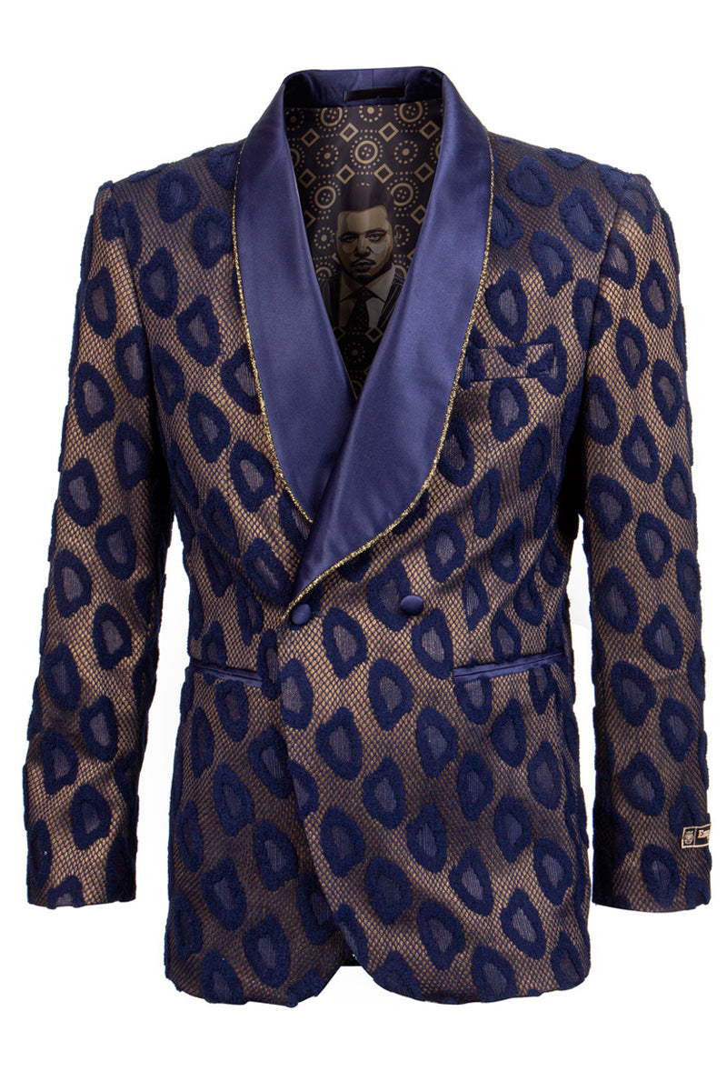 "Cheetah Print Men's Tuxedo - Double Breasted Navy & Gold Smoking Jacket"