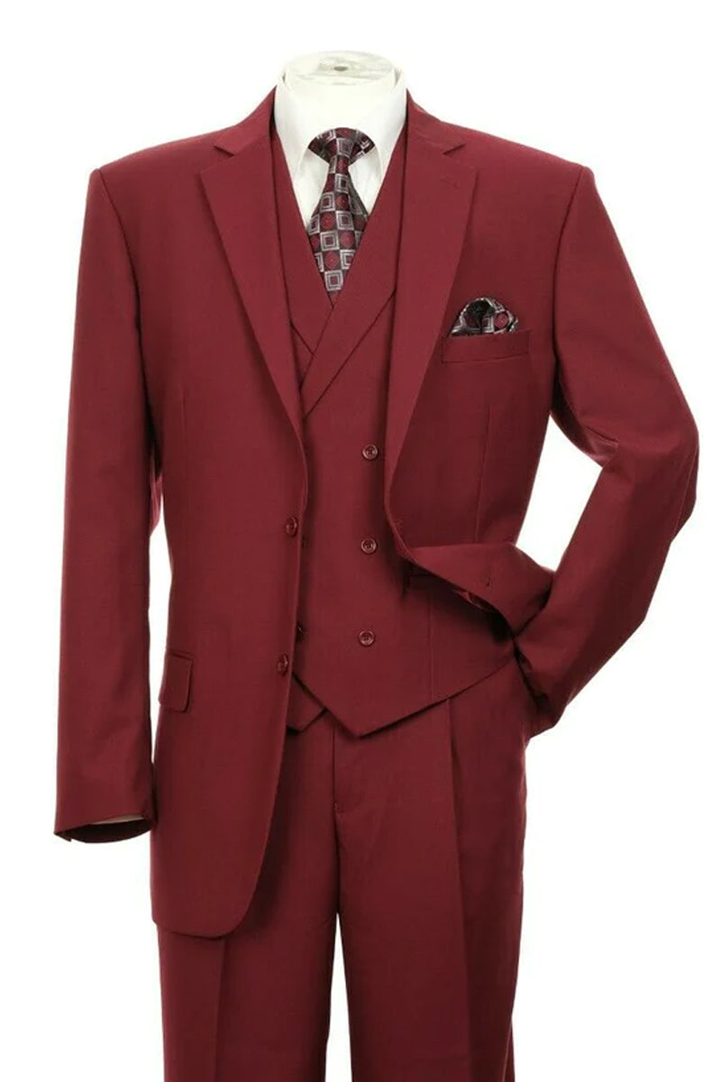 "Burgundy Classic Fit Men's Suit with Double Breasted Vest - 2 Button Pleated Pant"