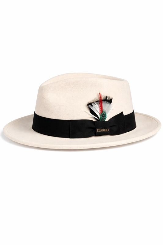 Gangster 100% Austrailian Wool Crushable Mens Fedora Hat - Removable Feather Gangster White/Black Mens Fedora Hat