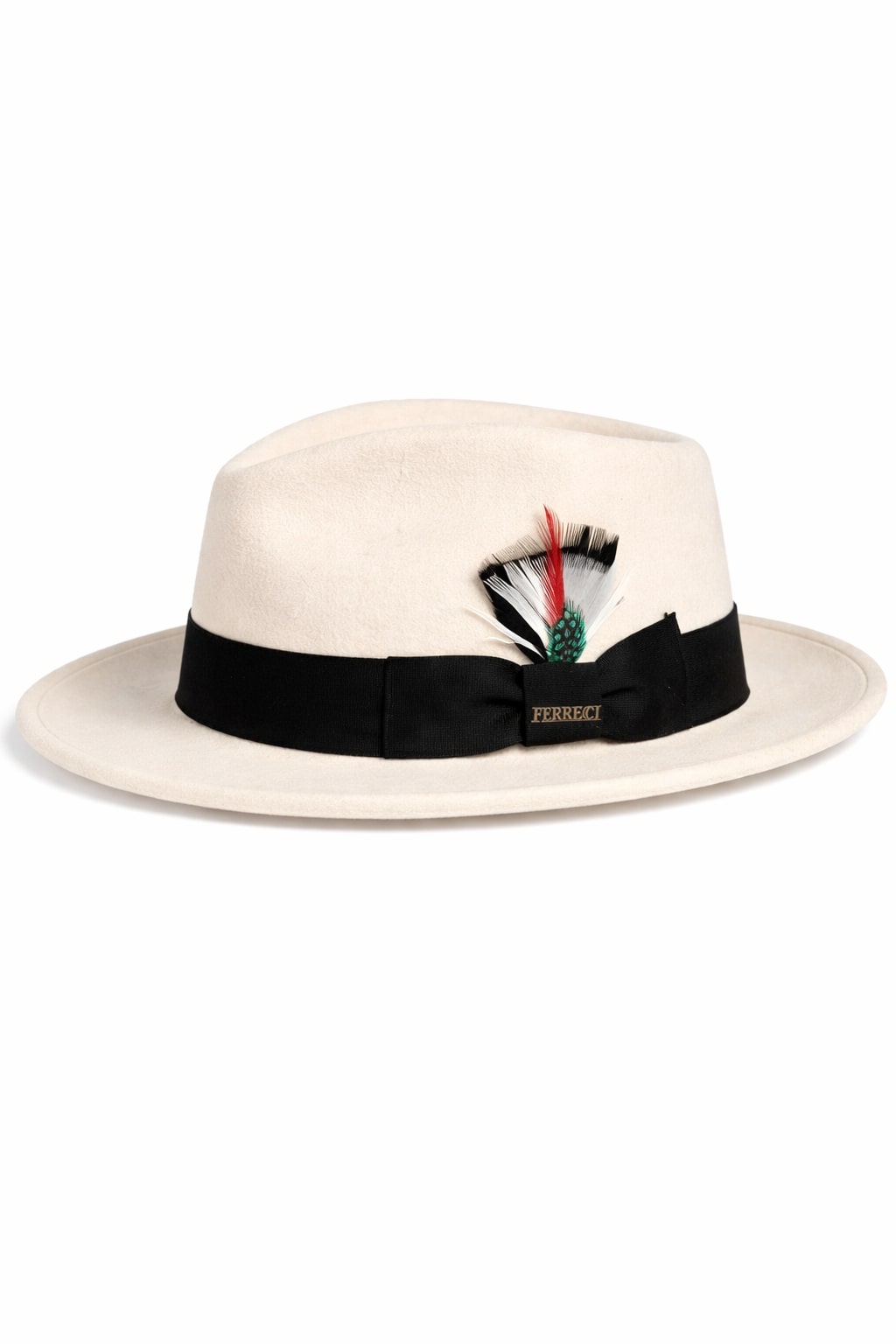 Gangster 100% Australian Wool Crushable Mens Fedora Hat - Removable Feather Gangster White/Black Mens Fedora Hat - S