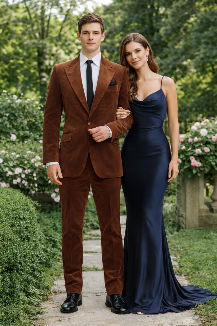 Mens Brown Velvet 2-Piece Suit Luxury Slim Fit Formal Blazer and Pants Set in Rust Copper Color