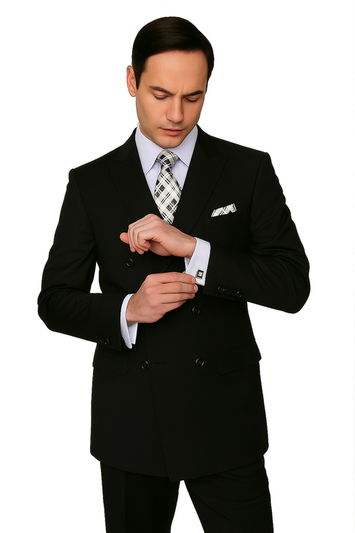 Mens Classic Wool Double Breasted Suit in Black