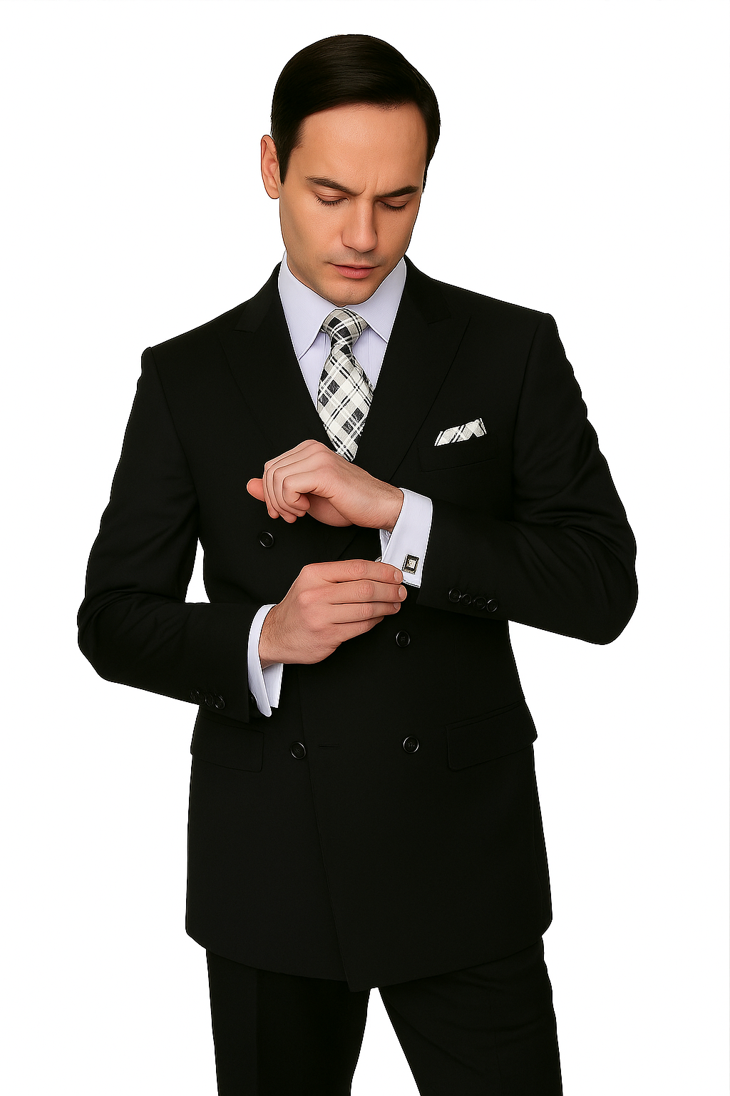 Mens Classic Wool Double Breasted Suit in Black - 38 Short Jacket+32 Waist Adjustable 28to34)(Height: 5 4 to5 7 )(Neck  15-16.5)S-M)