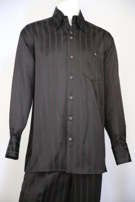 Men's Classic Contrast Stripes Wine 2pc Shirt And Pants