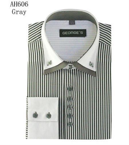 Men's Stylish Fashion Stripe Shirt W/ Solid Accent Cuffs White Collar Two Toned Contrast & Collar Multi-Color