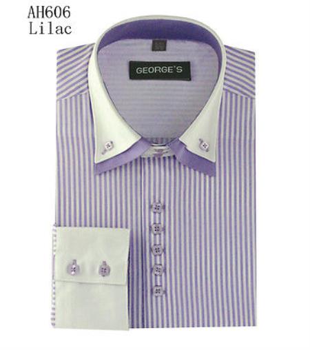 Men's Stylish Fashion Stripe Shirt W/ Solid Accent Cuffs White Collar Two Toned Contrast & Collar Multi-Color