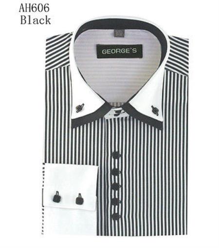 Men's Stylish Fashion Stripe Shirt W/ Solid Accent Cuffs White Collar Two Toned Contrast & Collar Multi-Color
