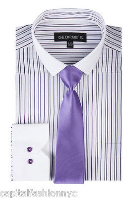 Striped From George Slim Tie White Collar Two Toned Contrast Multi-Color Men's Dress Shirt