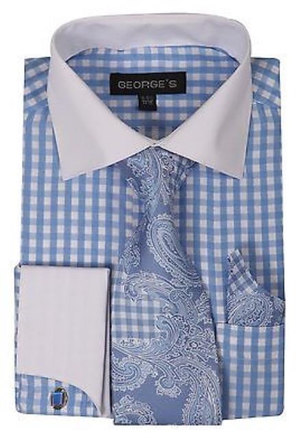 Checker French Cuff Set White Collar Two Toned Contrast Tie Handkerchief Varies Colors Men's Dress Shirt - Large 16.5" Neck / 36-37" sleeve