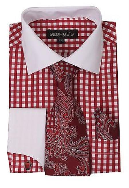 Checker French Cuff Set White Collar Two Toned Contrast Tie Handkerchief Varies Colors Men's Dress Shirt - Large 16.5" Neck / 36-37" sleeve