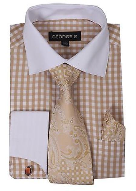 Checker French Cuff Set White Collar Two Toned Contrast Tie Handkerchief Varies Colors Men's Dress Shirt - Large 16.5" Neck / 36-37" sleeve