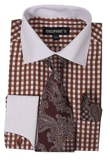 Checker French Cuff Set White Collar Two Toned Contrast Tie Handkerchief Varies Colors Men's Dress Shirt